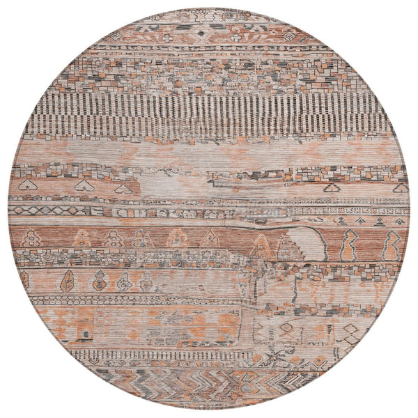 HomeRoots 8' Washable Terra Cotta and Gray Round Striped Area Rug – Durable, Stylish, Indoor/Outdoor Design 622224