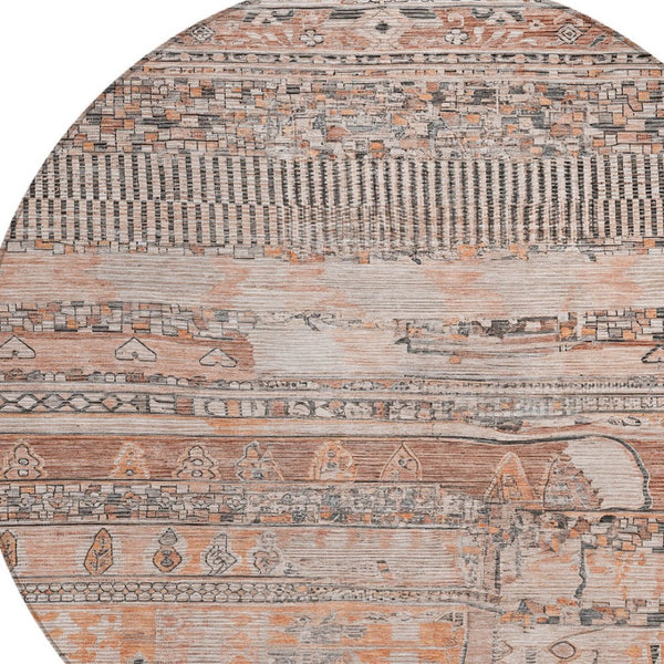 HomeRoots 8' Washable Terra Cotta and Gray Round Striped Area Rug – Durable, Stylish, Indoor/Outdoor Design 622224