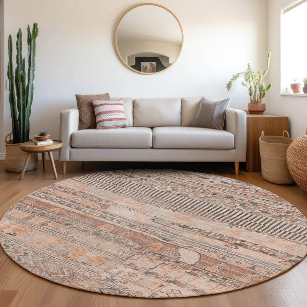 HomeRoots 8' Washable Terra Cotta and Gray Round Striped Area Rug – Durable, Stylish, Indoor/Outdoor Design 622224