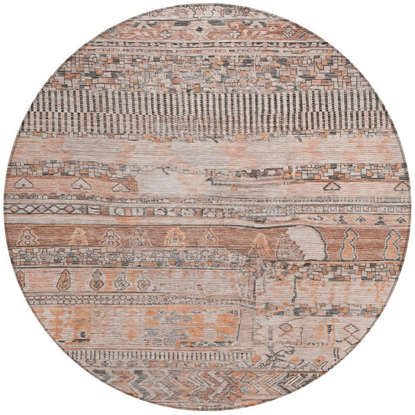HomeRoots 8' Washable Terra Cotta and Gray Round Striped Area Rug – Durable, Stylish, Indoor/Outdoor Design 622224