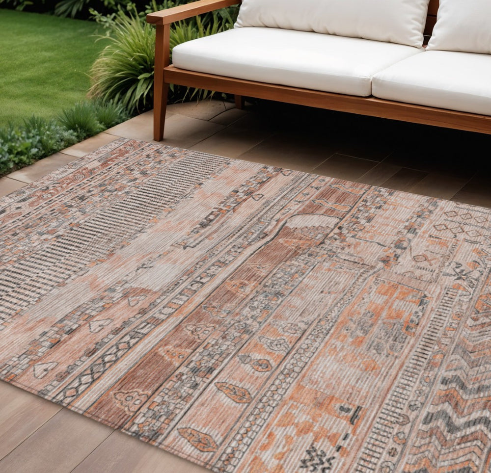 HomeRoots 10' Striped Terra Cotta and Gray Washable Area Rug – Versatile Indoor/Outdoor Style for Any Space 622227