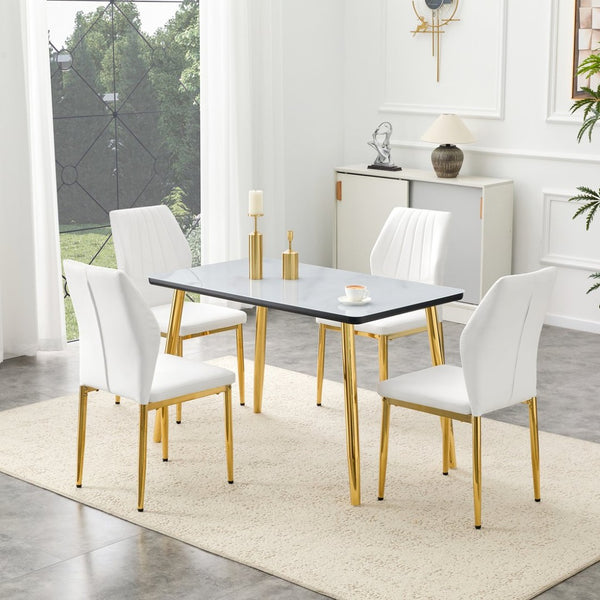 English Elm Table and Chair Set Marble Glass Top Gold Leg Modern Glam Dining Room 5 Piece W1151S04653