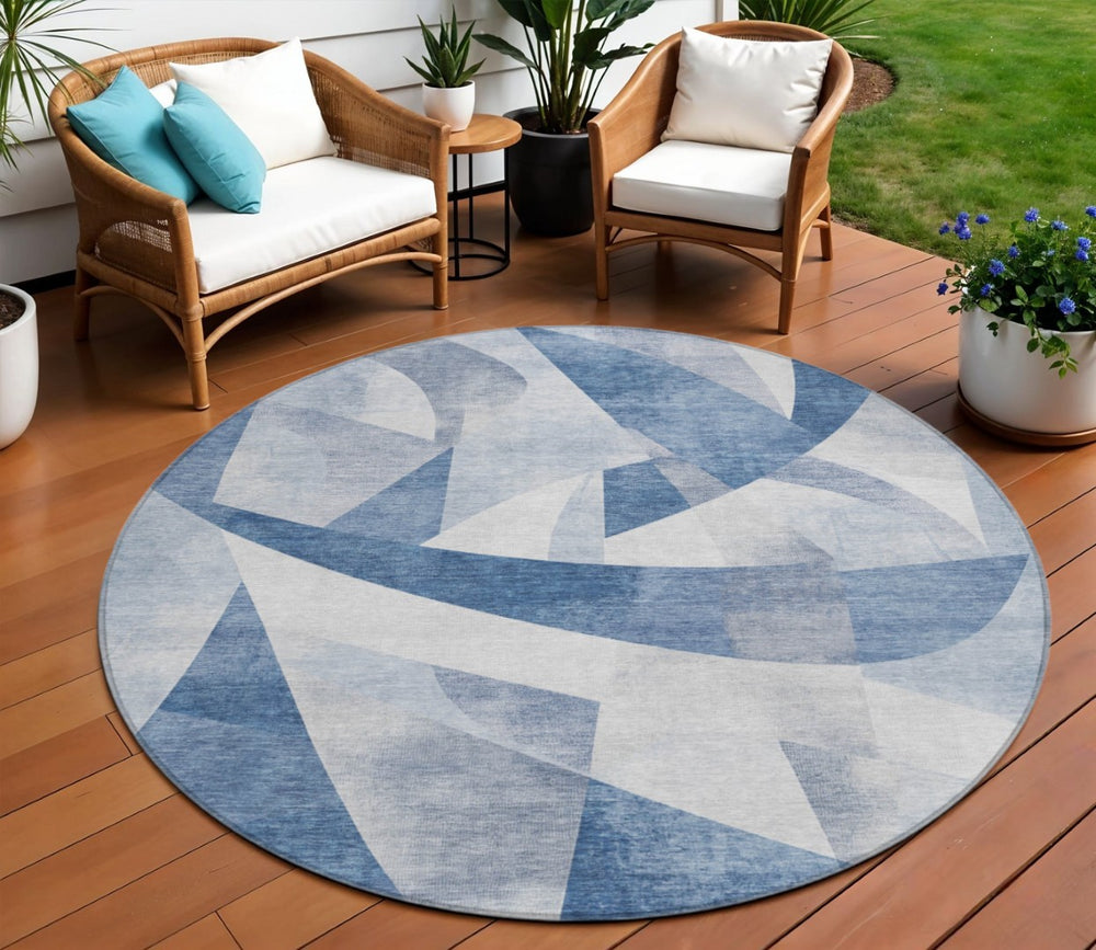 HomeRoots 8' Denim Blue Round Rug – Stylish Abstract Design for Indoor & Outdoor Use, Stain-Resistant & Washable 622242