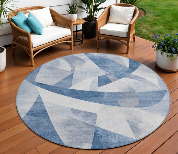 HomeRoots 8' Denim Blue Round Rug – Stylish Abstract Design for Indoor & Outdoor Use, Stain-Resistant & Washable 622242