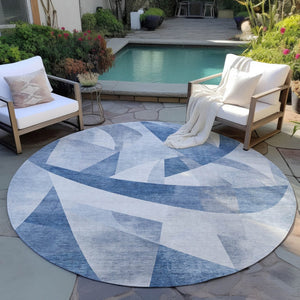 HomeRoots 8' Denim Blue Round Rug – Stylish Abstract Design for Indoor & Outdoor Use, Stain-Resistant & Washable 622242