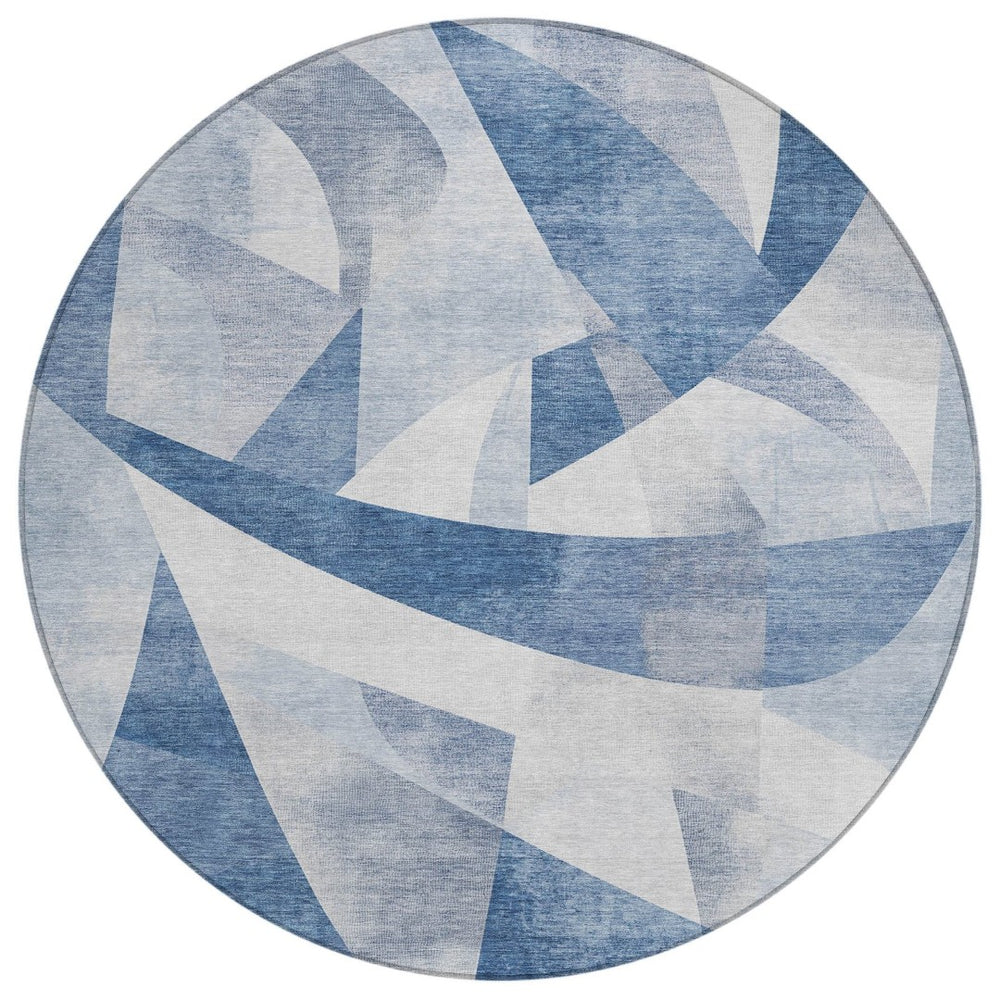 HomeRoots 8' Denim Blue Round Rug – Stylish Abstract Design for Indoor & Outdoor Use, Stain-Resistant & Washable 622242