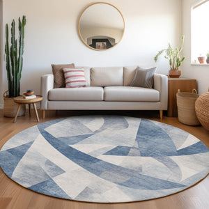 HomeRoots 8' Denim Blue Round Rug – Stylish Abstract Design for Indoor & Outdoor Use, Stain-Resistant & Washable 622242
