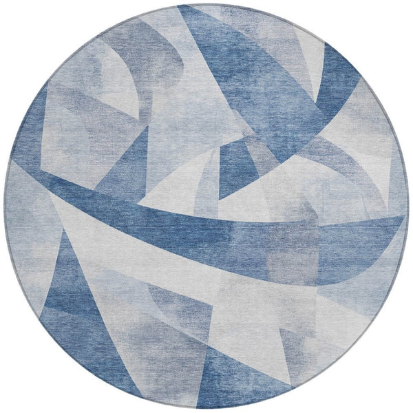 HomeRoots 8' Denim Blue Round Rug – Stylish Abstract Design for Indoor & Outdoor Use, Stain-Resistant & Washable 622242