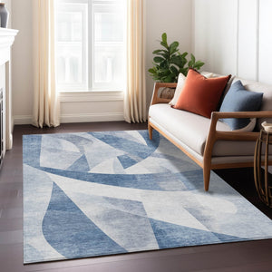 HomeRoots 9' Denim Blue & Ivory Abstract Washable Area Rug - Indoor/Outdoor Durable, Stain-Resistant Design 622244