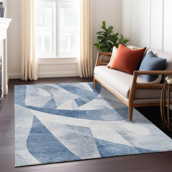 HomeRoots 9' Denim Blue & Ivory Abstract Washable Area Rug - Indoor/Outdoor Durable, Stain-Resistant Design 622244