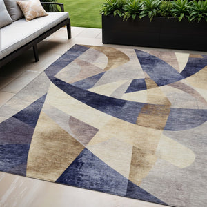 HomeRoots 5' Navy Blue and Gold Abstract Area Rug - Washable, Durable, Indoor/Outdoor Design for Any Space 622247