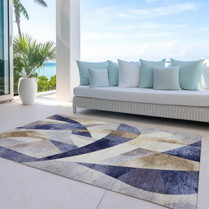 HomeRoots 5' Navy Blue and Gold Abstract Area Rug - Washable, Durable, Indoor/Outdoor Design for Any Space 622247