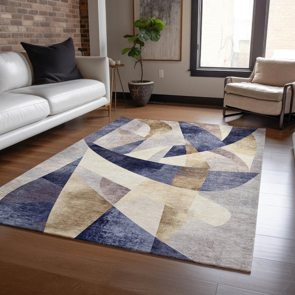HomeRoots 5' Navy Blue and Gold Abstract Area Rug - Washable, Durable, Indoor/Outdoor Design for Any Space 622247