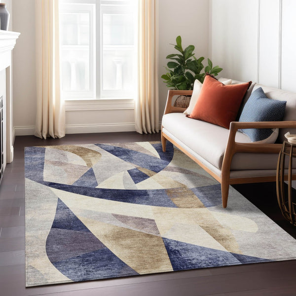 HomeRoots 5' Navy Blue and Gold Abstract Area Rug - Washable, Durable, Indoor/Outdoor Design for Any Space 622247