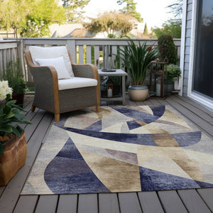HomeRoots 5' Navy Blue and Gold Abstract Area Rug - Washable, Durable, Indoor/Outdoor Design for Any Space 622247