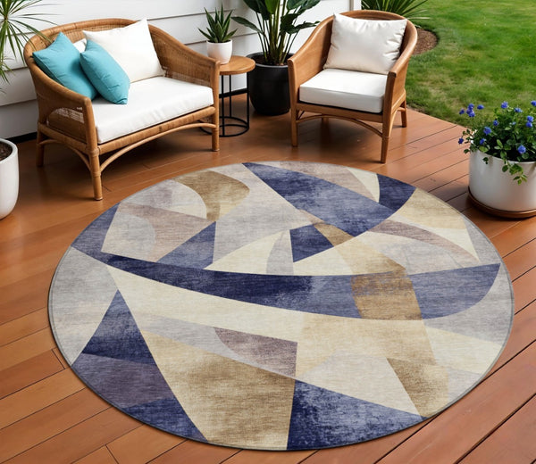 HomeRoots 8' Navy Blue and Gold Abstract Round Area Rug - Washable, Durable, Indoor/Outdoor Perfect for High-Traffic Areas 622248