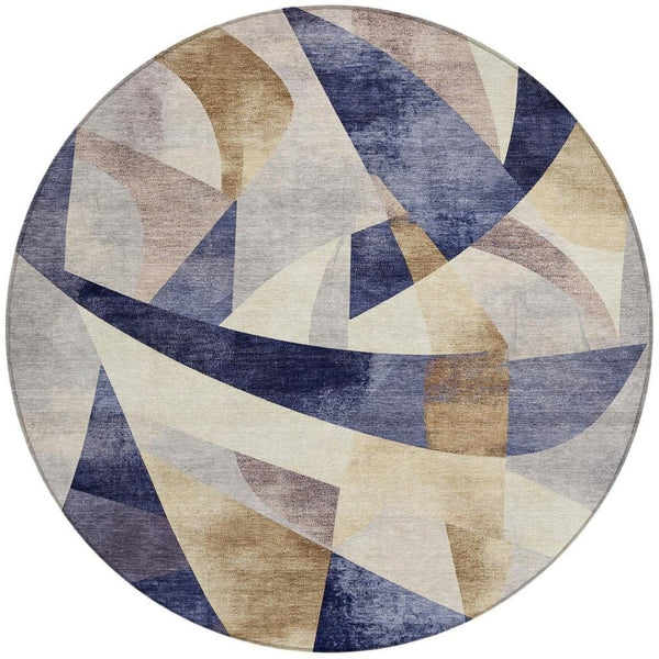 HomeRoots 8' Navy Blue and Gold Abstract Round Area Rug - Washable, Durable, Indoor/Outdoor Perfect for High-Traffic Areas 622248