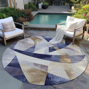 HomeRoots 8' Navy Blue and Gold Abstract Round Area Rug - Washable, Durable, Indoor/Outdoor Perfect for High-Traffic Areas 622248