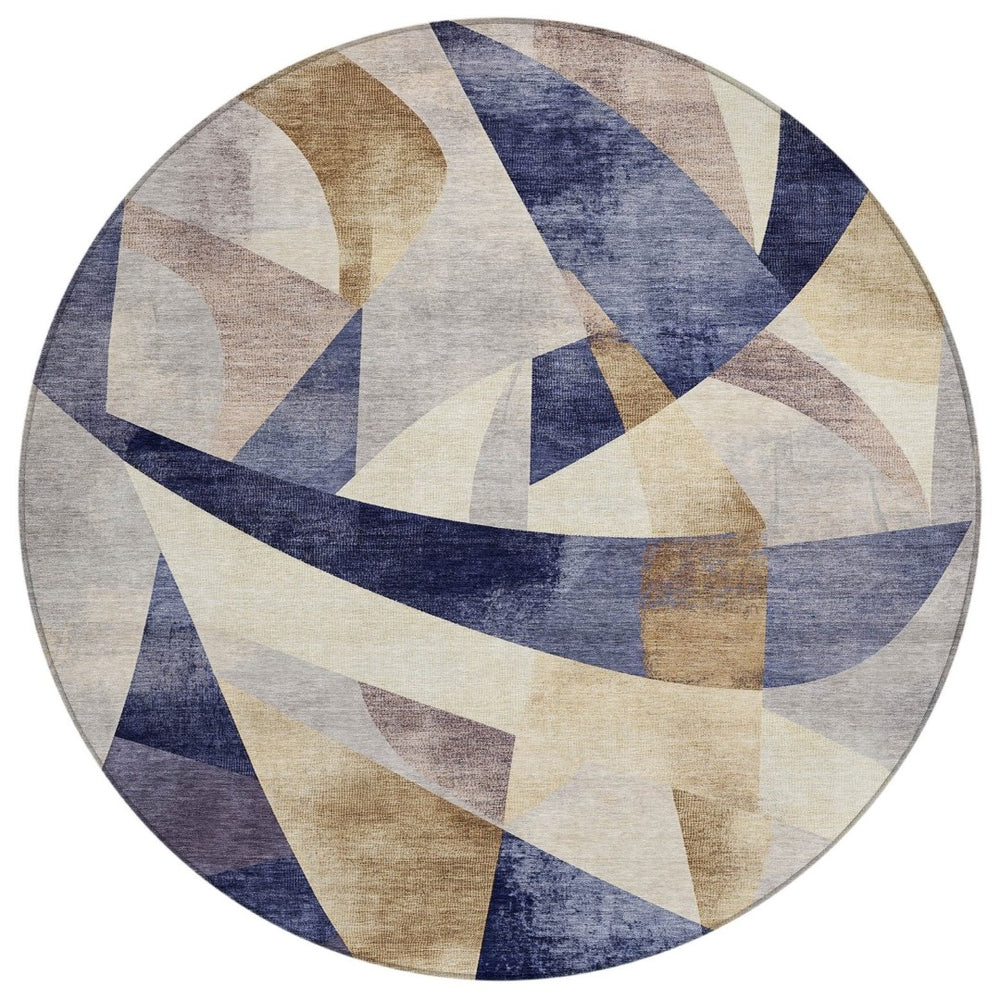 HomeRoots 8' Navy Blue and Gold Abstract Round Area Rug - Washable, Durable, Indoor/Outdoor Perfect for High-Traffic Areas 622248