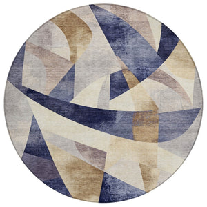 HomeRoots 8' Navy Blue and Gold Abstract Round Area Rug - Washable, Durable, Indoor/Outdoor Perfect for High-Traffic Areas 622248
