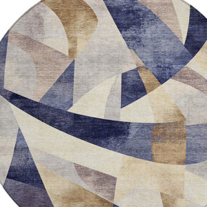 HomeRoots 8' Navy Blue and Gold Abstract Round Area Rug - Washable, Durable, Indoor/Outdoor Perfect for High-Traffic Areas 622248
