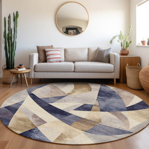 HomeRoots 8' Navy Blue and Gold Abstract Round Area Rug - Washable, Durable, Indoor/Outdoor Perfect for High-Traffic Areas 622248