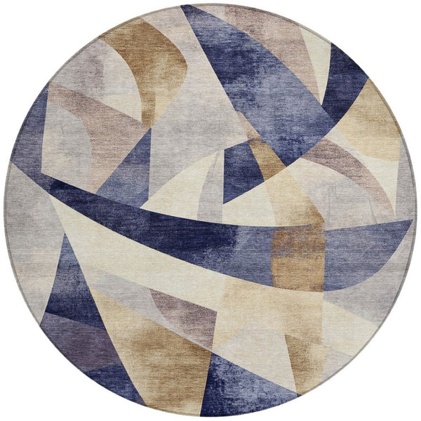 HomeRoots 8' Navy Blue and Gold Abstract Round Area Rug - Washable, Durable, Indoor/Outdoor Perfect for High-Traffic Areas 622248