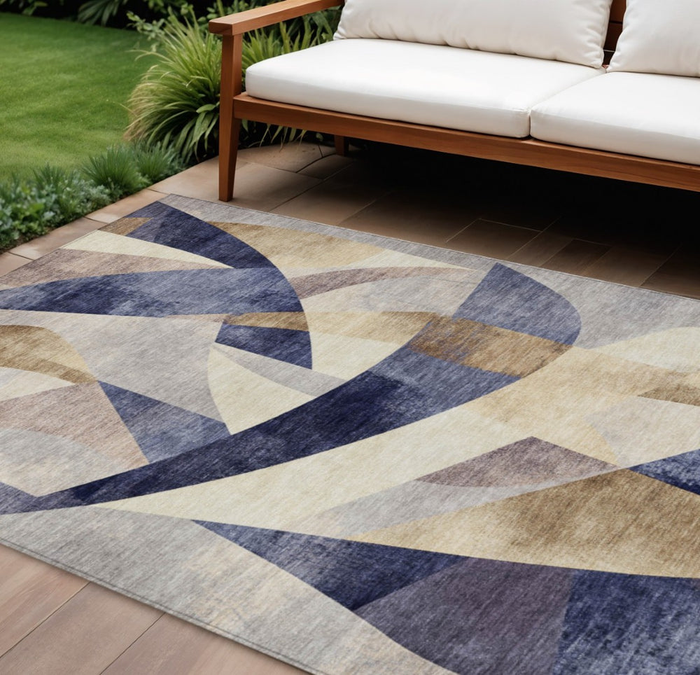 HomeRoots 9' X 12' Navy Blue and Gold Abstract Area Rug – Stylish, Washable, Versatile for Indoor & Outdoor Spaces! 622250