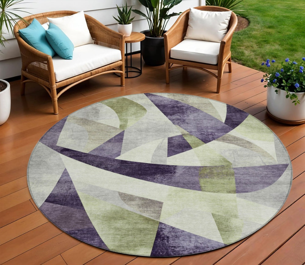 HomeRoots 8' Vibrant Purple & Olive Green Round Washable Area Rug – Modern Abstract Design for Indoor/Outdoor Spaces 622266