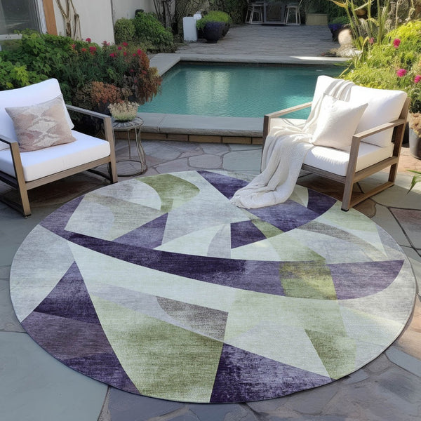 HomeRoots 8' Vibrant Purple & Olive Green Round Washable Area Rug – Modern Abstract Design for Indoor/Outdoor Spaces 622266