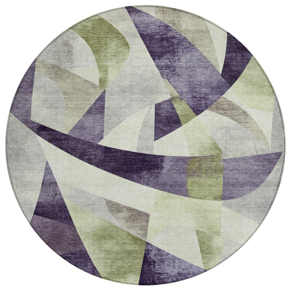 HomeRoots 8' Vibrant Purple & Olive Green Round Washable Area Rug – Modern Abstract Design for Indoor/Outdoor Spaces 622266