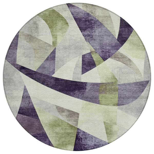 HomeRoots 8' Vibrant Purple & Olive Green Round Washable Area Rug – Modern Abstract Design for Indoor/Outdoor Spaces 622266