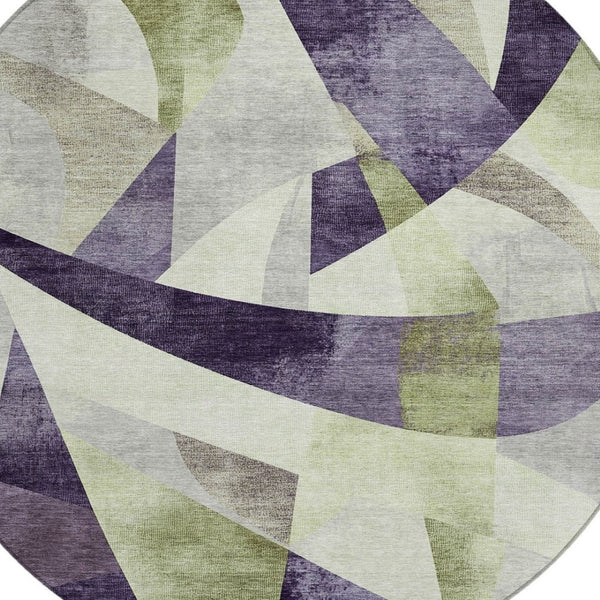 HomeRoots 8' Vibrant Purple & Olive Green Round Washable Area Rug – Modern Abstract Design for Indoor/Outdoor Spaces 622266