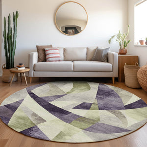HomeRoots 8' Vibrant Purple & Olive Green Round Washable Area Rug – Modern Abstract Design for Indoor/Outdoor Spaces 622266
