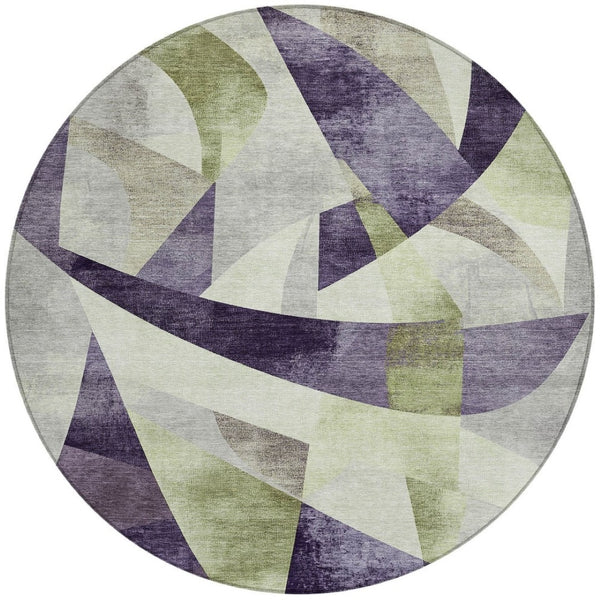 HomeRoots 8' Vibrant Purple & Olive Green Round Washable Area Rug – Modern Abstract Design for Indoor/Outdoor Spaces 622266