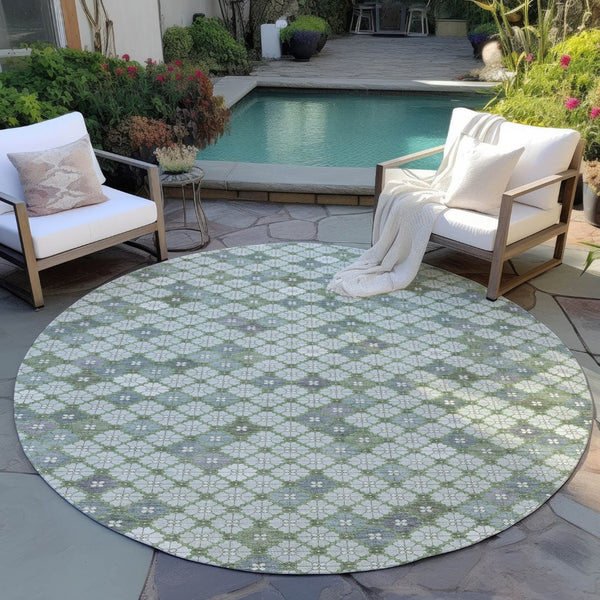 HomeRoots 8' Round Geometric Area Rug in Mint Green, Gray & Ivory - Stylish, Washable & Versatile for Any Space 622296