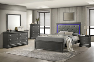 English Elm Blaze Upholstered 5-Piece Queen Bedroom Set With Led Headboard & Crystal Hardware In Metallic Gray B009S02041
