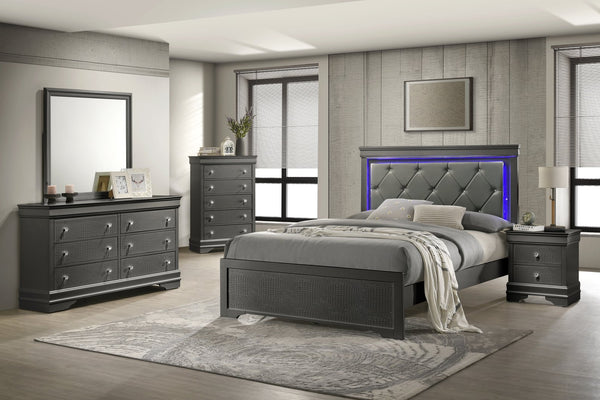 English Elm Blaze Upholstered 5-Piece Queen Bedroom Set With Led Headboard & Crystal Hardware In Metallic Gray B009S02041