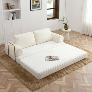 English Elm Convertible Floor Sofa Futon with Corduroy Upholstery for Living Room Lounging and Sleeping Beige W1117P434687