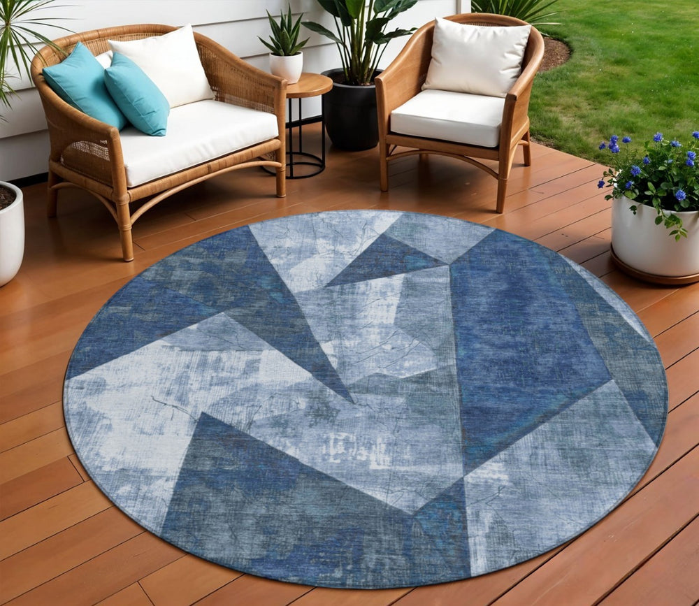 HomeRoots 8' Navy Blue Round Geometric Area Rug – Washable, Durable, Non-Slip for Indoor & Outdoor Use 622332