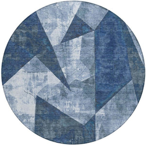 HomeRoots 8' Navy Blue Round Geometric Area Rug – Washable, Durable, Non-Slip for Indoor & Outdoor Use 622332