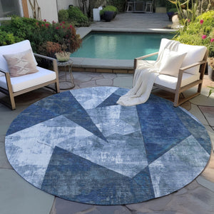 HomeRoots 8' Navy Blue Round Geometric Area Rug – Washable, Durable, Non-Slip for Indoor & Outdoor Use 622332