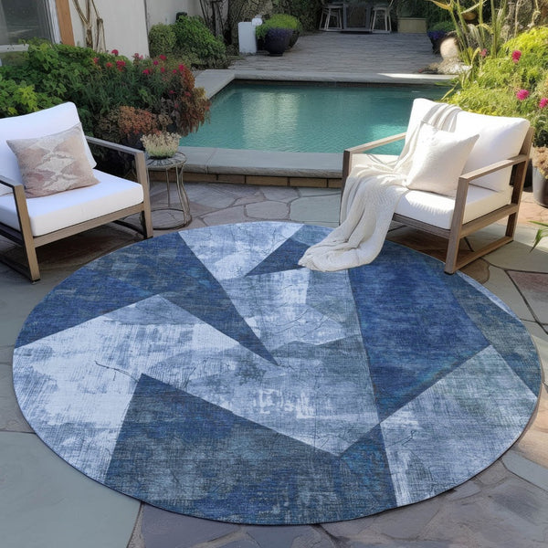 HomeRoots 8' Navy Blue Round Geometric Area Rug – Washable, Durable, Non-Slip for Indoor & Outdoor Use 622332