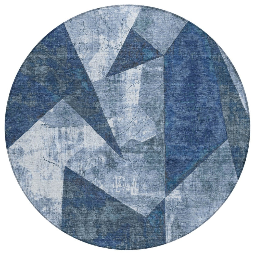 HomeRoots 8' Navy Blue Round Geometric Area Rug – Washable, Durable, Non-Slip for Indoor & Outdoor Use 622332