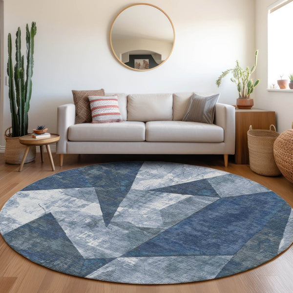 HomeRoots 8' Navy Blue Round Geometric Area Rug – Washable, Durable, Non-Slip for Indoor & Outdoor Use 622332