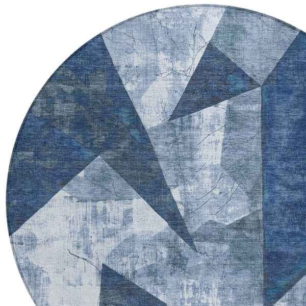 HomeRoots 8' Navy Blue Round Geometric Area Rug – Washable, Durable, Non-Slip for Indoor & Outdoor Use 622332