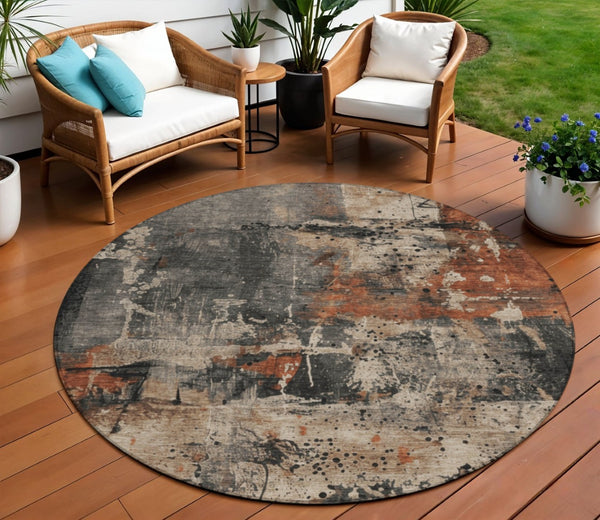 HomeRoots 8' Taupe and Rust Round Abstract Area Rug - Durable, Washable, Stylish for Indoor & Outdoor Spaces 622368