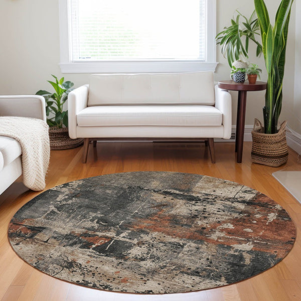 HomeRoots 8' Taupe and Rust Round Abstract Area Rug - Durable, Washable, Stylish for Indoor & Outdoor Spaces 622368