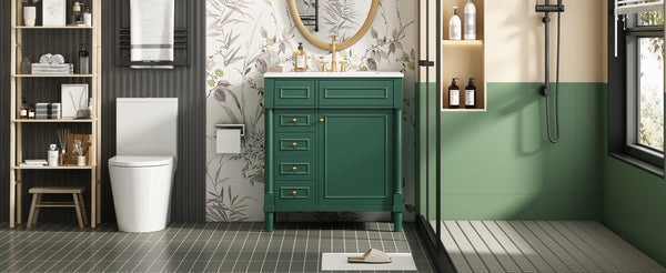 English Elm 30" Bathroom Vanity with Sink — Freestanding Modern Cabinet with Soft-Close Door, 2 Deep Drawers, Durable Basin Green N710P288938F