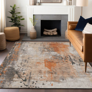 HomeRoots 5' Orange and Gray Abstract Area Rug - Washable, Durable, Modern Design for Indoor/Outdoor Use 622391